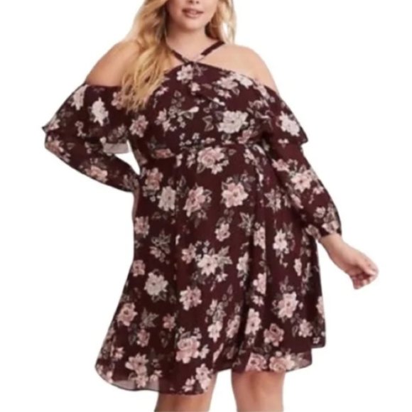 Torrid Floral Cold Shoulder Ruffle Dress in Maroon - Picture 2 of 10